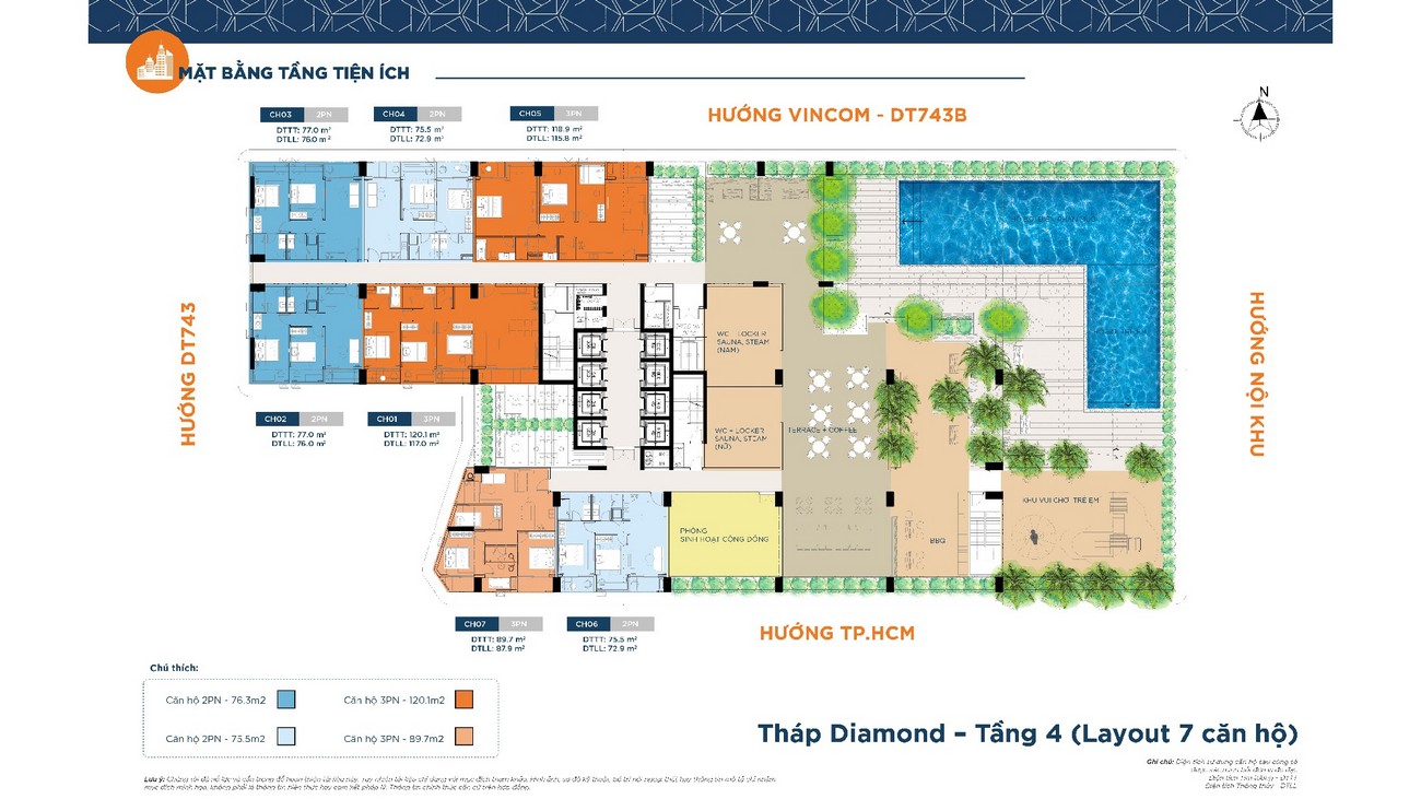 Mặt bằng tầng 4 dự án căn hộ chung cư Charm Diamond