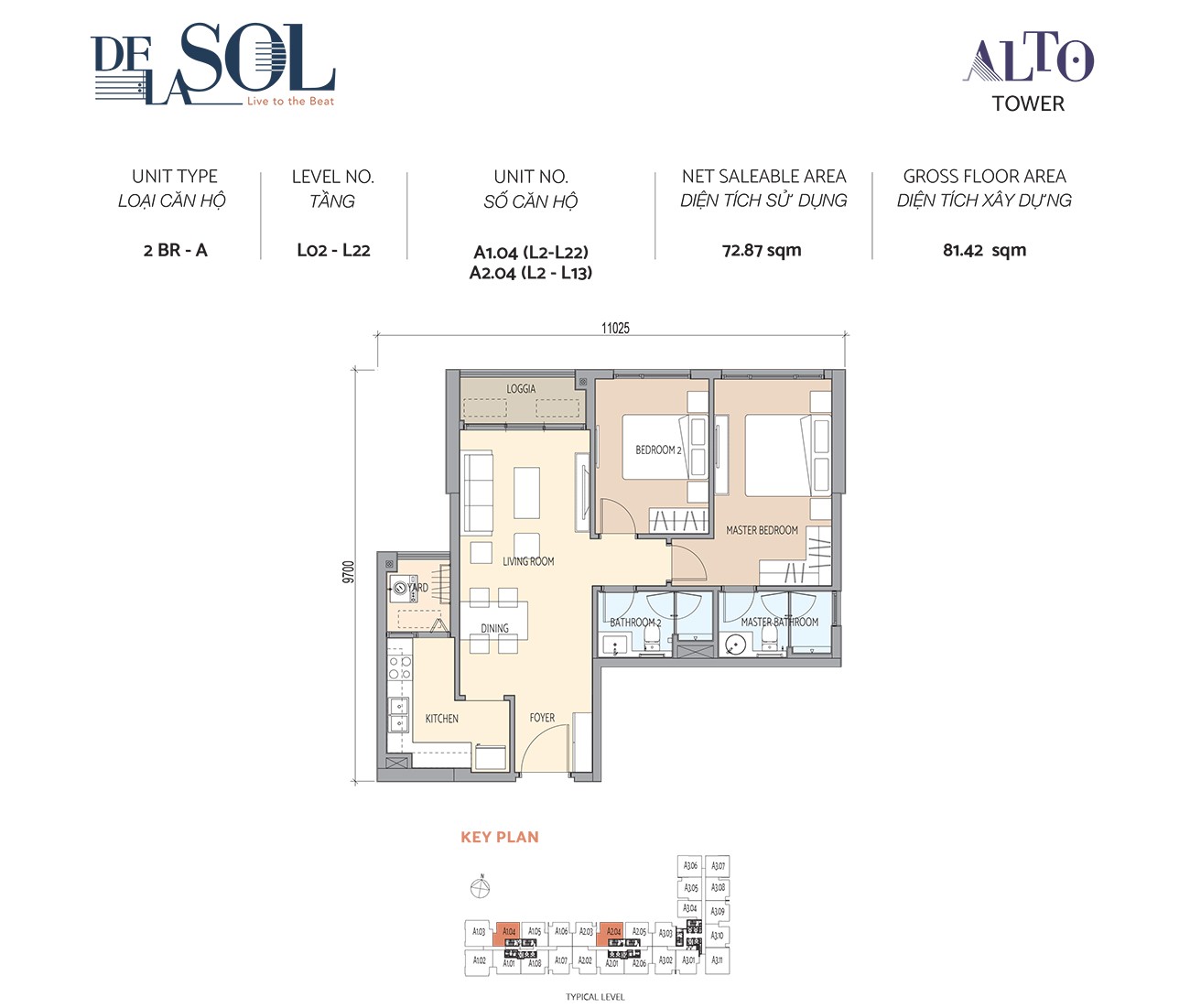 Thiết kế căn hộ 2PN loại A diện tích 81,42m² dự án De La Sol Quận 4