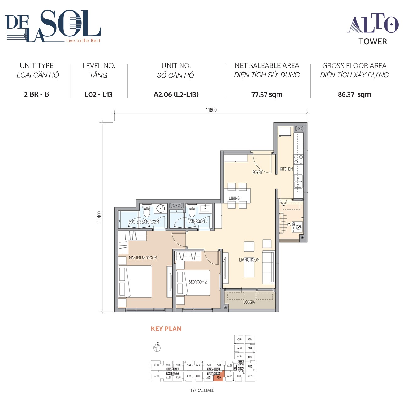 Thiết kế căn hộ 2PN loại B diện tích 86,37m² dự án De La Sol Quận 4