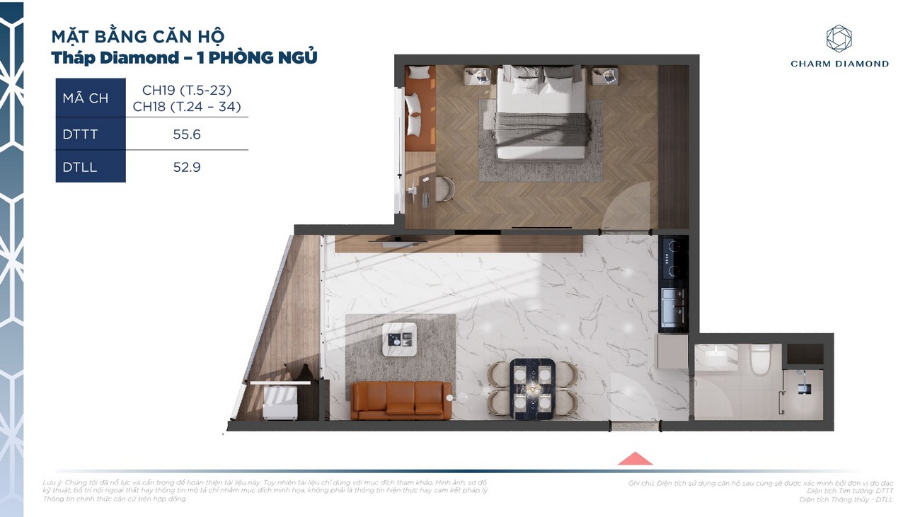 Thiết kế căn hộ diện tích 55.6m² dự án căn hộ Charm Diamond
