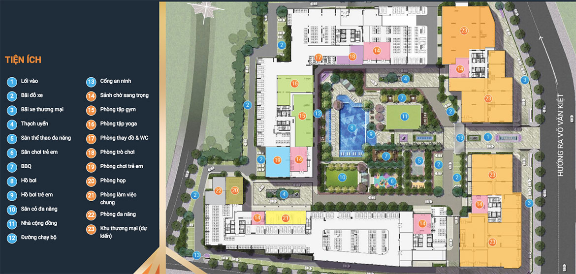 Mặt bằng bố trí tiện ích dự án căn hộ chung cư Akari City Quận Bình Tân Đường Võ Văn Kiệt